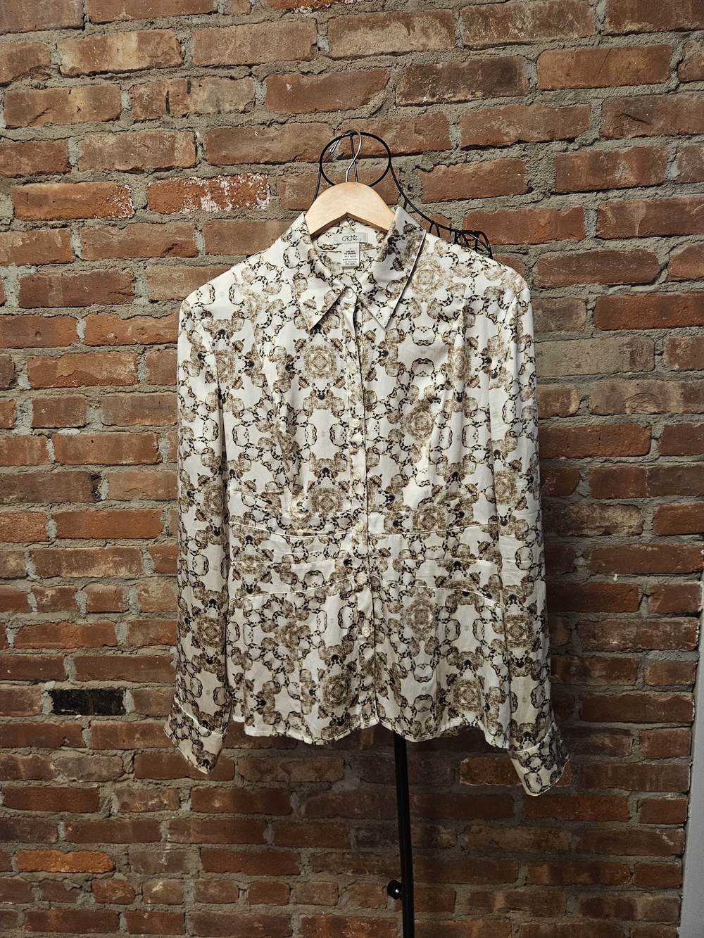 Cachet 94% Silk Cream Blouse with Brown Floral Medallion Print